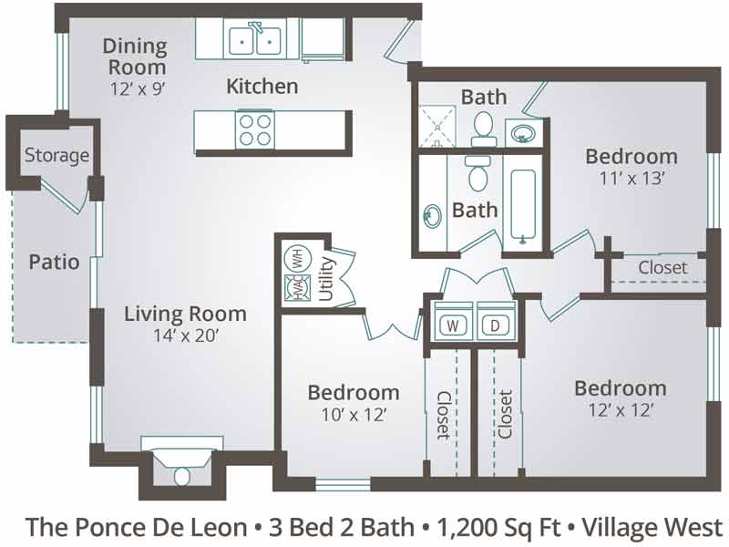 3 Bedroom Apartment Floor Plans Village West At The Ponce De Leon 3 Bedroom 2 Bathroom